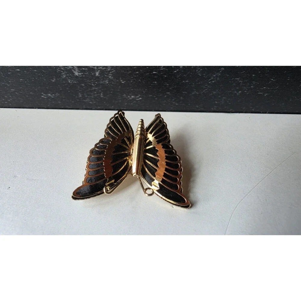 Black And Gold Tone Metal Butterfly Brooch Vintage Costume Jewelry